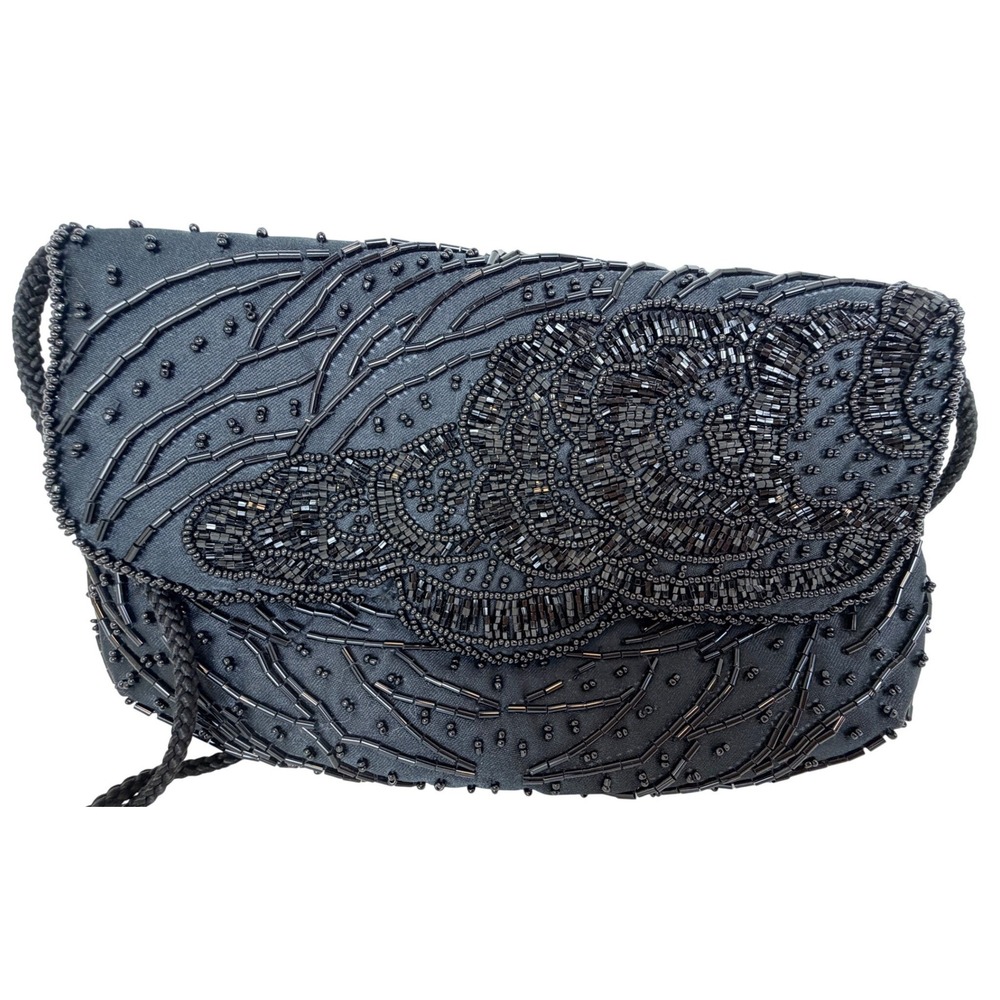 La Regale Vintage Black Beaded Evening Bag Clutch Shoulder Bag Hand Made Floral